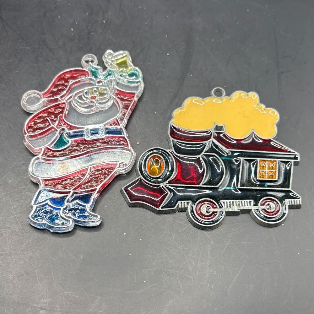 Vintage Plastic Stained Glass Santa and Train Christmas Ornaments
